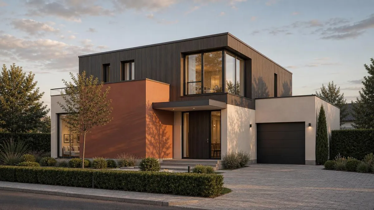 Fachada principal de la Vivienda Boadilla, revestimiento de madera oscura y muro acento en terracota, luz de atardecer