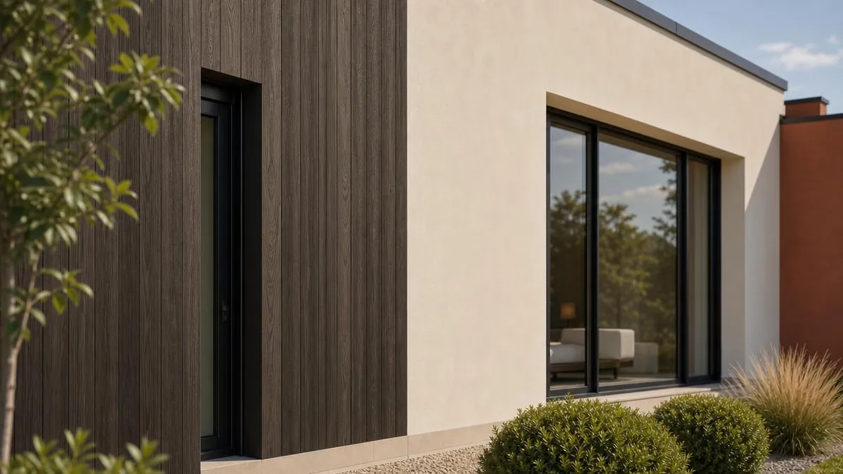Detalle de fachada de la Vivienda Pozuelo, revestimiento de madera y estuco crema