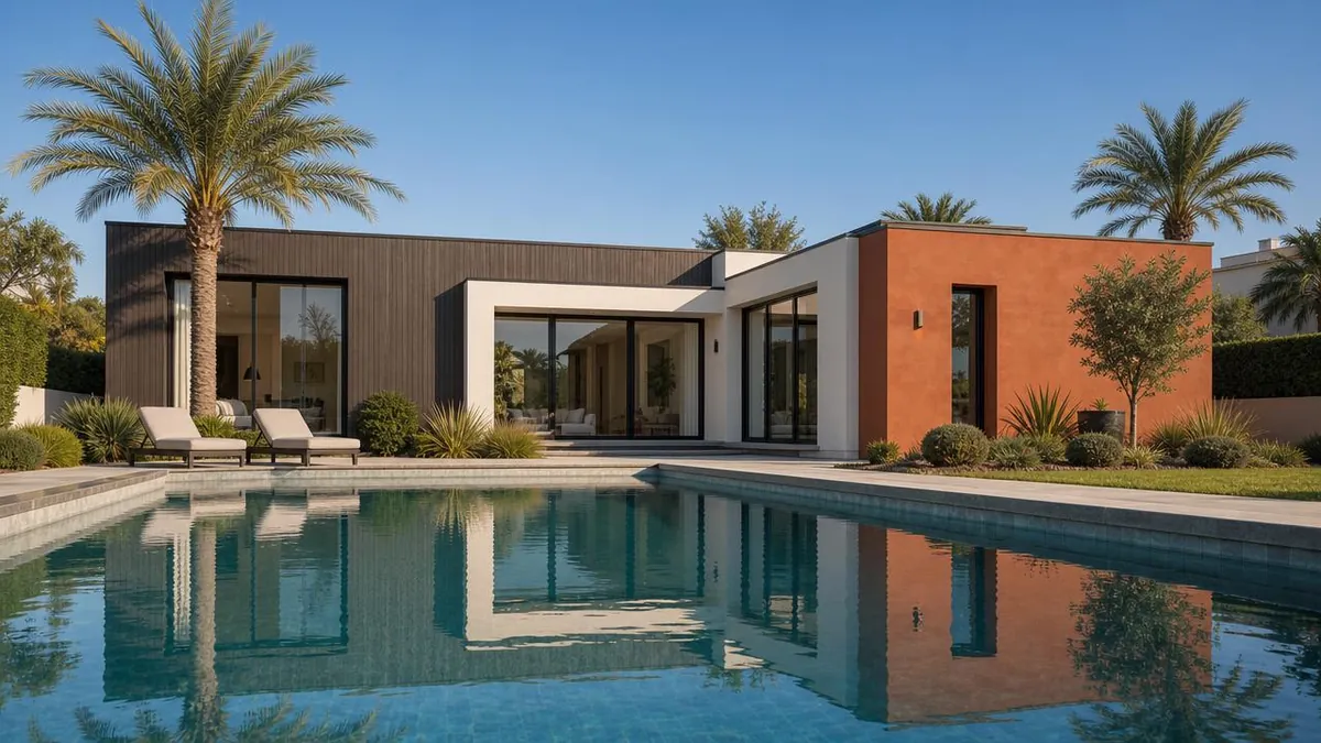 Vivienda Sotogrande de una planta junto a la piscina, con palmeras y luz de mediodía